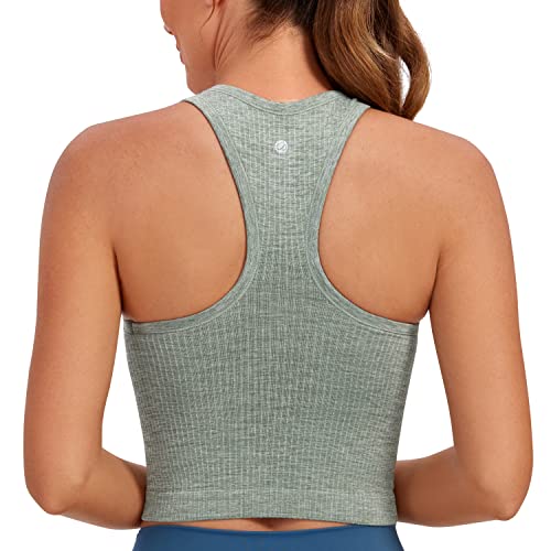 CRZ YOGA Womens Seamless Ribbed Longline High Neck Sports Bra - Racerback Padded Slim Fit Crop Tank Top with Built in Bra Dark Green Heather Small