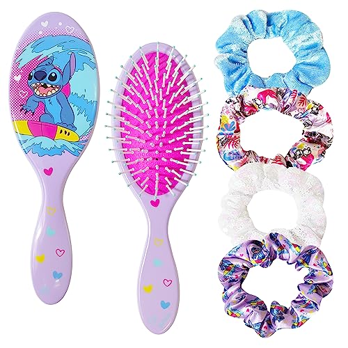 Stitch Hair Accessory 5 Pcs Set - 1 Regular 9 inch Stitch Hair Brush For Girls + 4 Scrunchies For Kids - Hair Accessories For Girls - Detangling Brush - Elastic Hair Ties Ropes Scrunchies Ages 3+