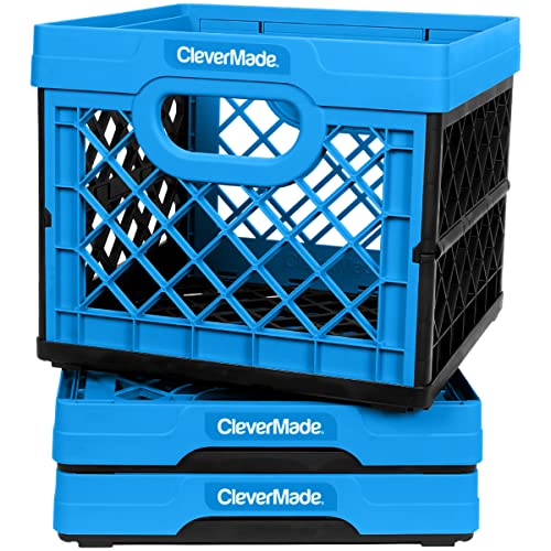 CleverMade Plastic Collapsible Milk Crates - 25L, Pack of 3 in Neptune Blue - Stackable Storage Bins, Holds 50lbs Per Bin - Clevercrates are Heavy Duty, Collapsible Storage Crate for Multi Purposes