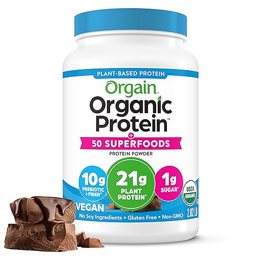 Orgain Organic Vegan Protein + 50 Superfoods Powder, Creamy Chocolate Fudge - 21g Plant Based Protein, 10g Prebiotic Fiber, No Lactose Ingredients, Gluten Free, No Added Sugar, Non-GMO, 2.02 lb