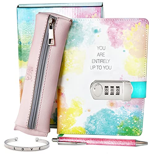 Life is a Doodle Diary with Lock for Girls ages 8-12 - Kids Journals for Writing, Self-Expression & Creativity– Notebook Journal with Lock Includes Leather Journal Notebook, Combination Lock, Sleek Pencil Pouch, Bracelet & Pink Journals Writing Pen