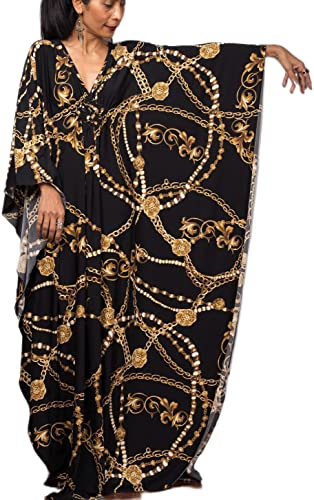 Caftans for Women Beach Dress Women's Black Gold Chain Kaftan Vneck Batwing Sleeve Turkish Caftan Silk Wrinkle Ethnic Print Kaftans Floral Print Over Sized Caftans Lounge wear 8693-31