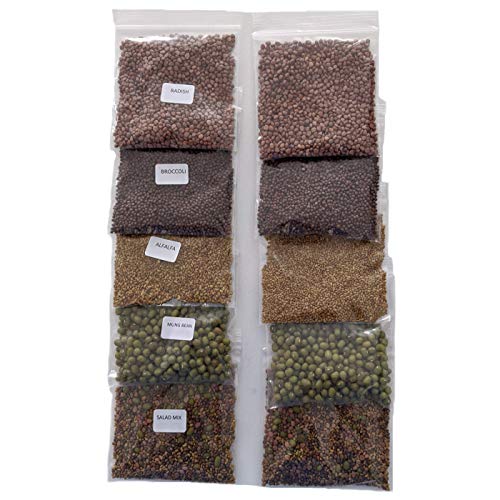 Variety Pack Sprouting Seeds Broccoli, Alfalfa, Radish, Mung beans & Salad Mix for Sprouts and Microgreens. Non-GMO. Pack of 10 premeasured seeds for quart size jars or trays. Includes 2 packs of each