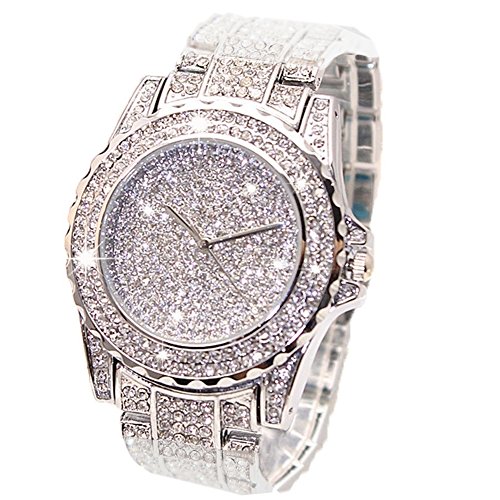 ARMRA Diamond Watch Iced Out Bling Rhinestone Gold Plated Silver Watch Stainless Steel Quartz Wrist Watches for Women Ladies Hip hop Men