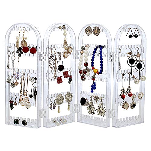Cq acrylic 256 Holes Acrylic Earrings Holder for Women,4 Doors Foldable Screen Necklace Display Rack,Hanging Jewelry Organizer Double Sided Stand Display,Clear