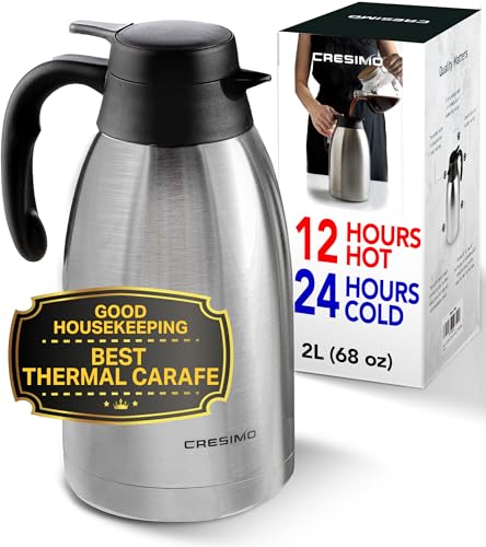 Thermal Coffee Carafe 68oz / 2L - 12 Hours Hot Beverage Dispenser, Insulated Stainless Steel Carafe for Hot Liquids, Coffee Carafes For Keeping Hot Coffee Dispenser for Parties -Large Tea Carafe Flask