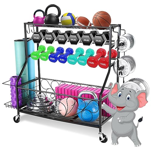Upgrade Dumbbell Rack, Fitness Equipment Storage Rack Home Gym Storage Rack for Dumbbells with Wheels and Hooks Weight Rack for Dumbbells Kettlebells Foam Roller, Yoga Mat