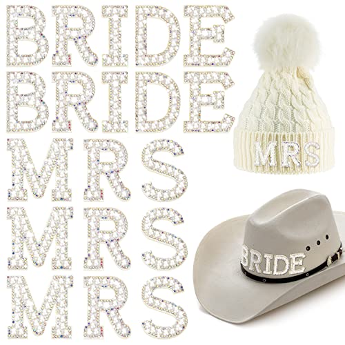 19 Pcs Iron on Letters Patches Bride Pearl Rhinestone Mrs Letter for Clothing English Glitter Pearls Wedding Applique Bling Rhinestone Sew on Letters for DIY Craft Fabric Jackets Bags Hats White