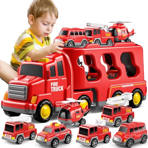 TEMI Toddler Truck Boy Toys for Kids 3-5 Years - 7 Pack Friction Power Vehicle Car Toy for Toddlers 1-3, Carrier Truck Toys for 3 4 5 6 Years Old Boys Girl, Christmas Birthday Gifts for Age 3-9