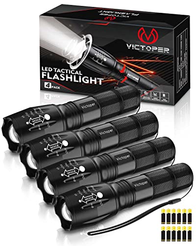 Victoper LED Flashlight 4 Pack, Bright 2000 Lumens Tactical Flashlights High Lumens with 5 Modes, Waterproof Focus Zoomable Flash Light, Portable Flashlight for Camping Hiking Outdoor Home Emergency