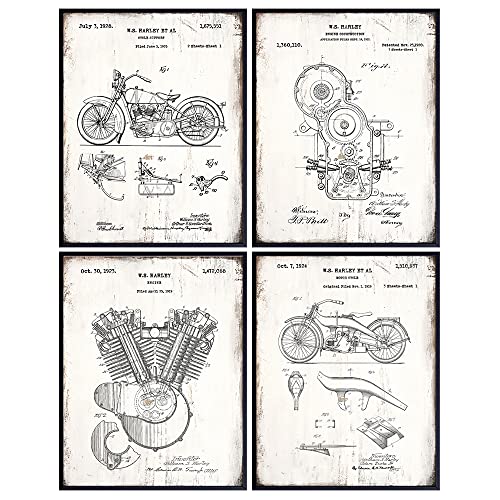 Original US Motorcycle Patents - 8x10 Art Set - Sign Style Photo Pictures for Office, Garage, Man Cave or Bar Wall or Home Decor - Cool Gift for Biker - Unframed Poster Prints