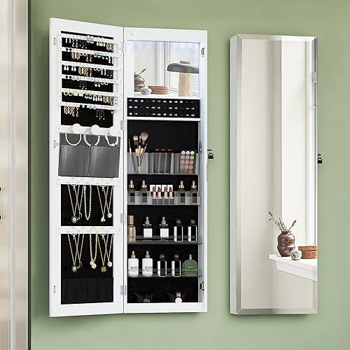 Hzuaneri 8 LEDs Jewelry Cabinet Armoire, 42.7' Tall Frameless Mirror Jewelry Organizer, lockable Wall/Door Mounted Makeup Jewelry Storage with Mirror, 4 Shelves, White and Black JC10803B