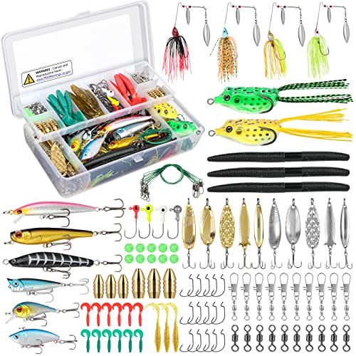 PLUSINNO Fishing Lures Baits Tackle, BEST BASS Fishing Lures Including Crankbaits, Spinnerbaits, Plastic worms, Jigs, Topwater Lures , Tackle Box and More Fishing Gear Lures Kit Set