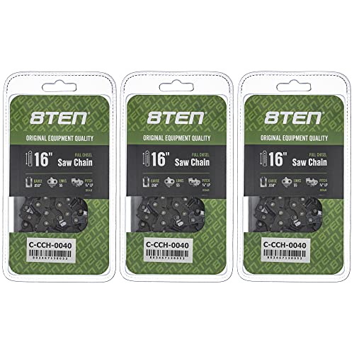 8TEN Full Chisel Chainsaw Chain 16 Inch .050 3/8 LP 55DL For Stihl MS 170 171 Poulan PLN3516F McCulloch PM 400 (3 Pack)