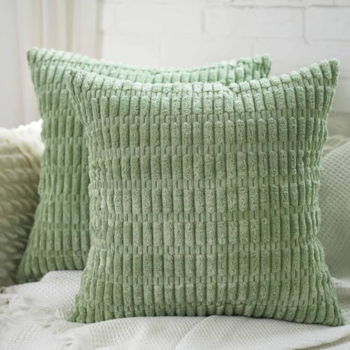 Cyuripu Set of 2 Corduroy Boho Sage Green Throw Pillow Covers 18 x 18 Inch Decorative Striped Soft Cozy Pillowcases Cushion Cases for Couch Sofa Bedroom Living Room Home Decor 45 x 45 Cm