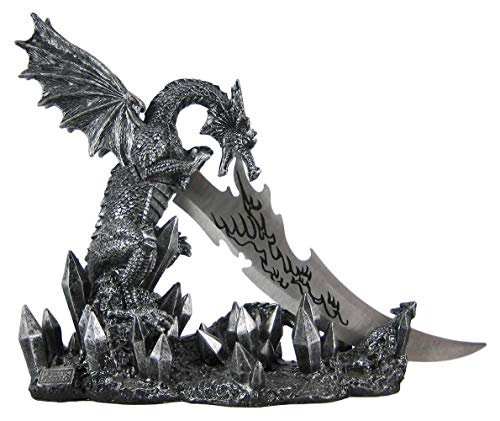 Wicked Fire Dragon Fantasy Letter Opener Knife Dagger and Holder Base,Polyresin