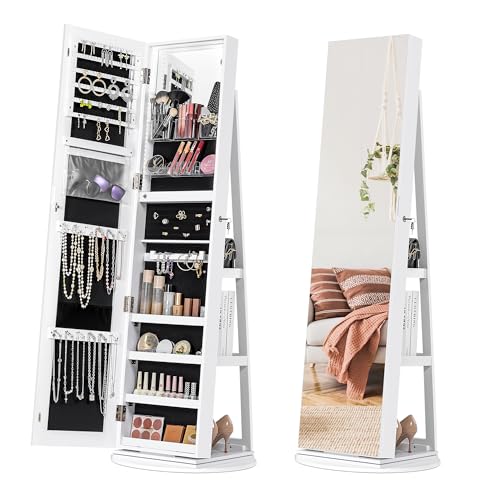 Furmax 360° Swivel Mirror Jewelry Cabinet with Lights, Standing Lockable Jewelry Armoire Organizer with 61 Inches Full Length Mirror, Inside Lighted Makeup Mirror, Jewelry Storage Cabinet, White
