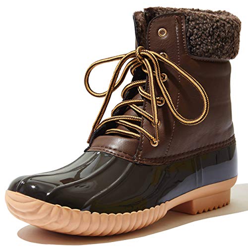 Women's DailyShoes Warm Snow Booties Lace Up Ankle High Cashmere Collar Duck Padded Mud Rubber Rain boots Brown 11 B(M) US