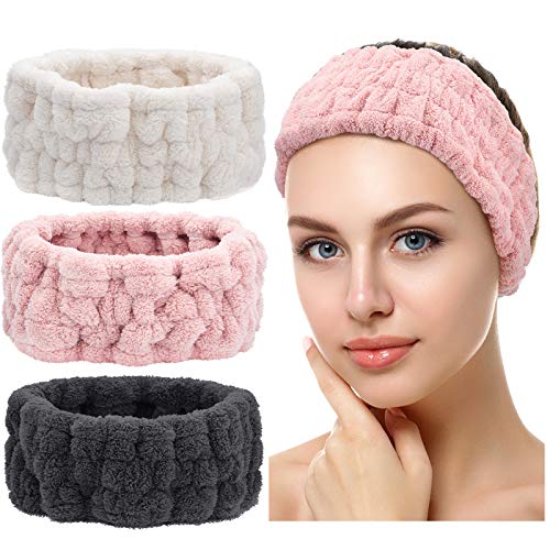 Chuangdi 3 Pieces Spa Facial Headband for Makeup and Washing Face Terry Cloth Hairband Yoga Sports Shower Facial Elastic Head Band Wrap for Girls and Women (Pink, Milky-White, Dark Grey)