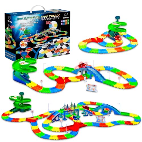 USA Toyz Glow Trax Race Tracks and LED Toy Cars - 360pk Glow in The Dark Flexible Rainbow Race Track Set STEM Building Toys for Boys and Girls with Large Roundabout Ramp and 2 LED Toy Cars