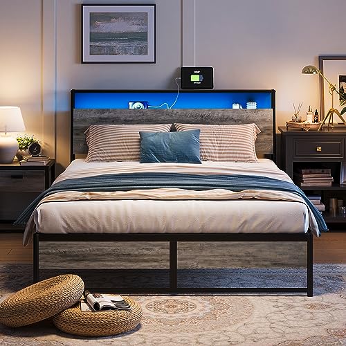 LINSY Full Size Bed Frame with Ergonomic Headboard & RGB Lights, Platform Metal Bed Frame with Outlets & Charger, 45 Minutes Fast Assembly Bed Full Size with Storage, No Box Spring Needed, Greige