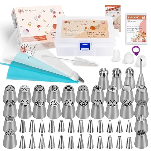 Wenburg Russian Piping Tips Set 100pcs - Icing Tips for Cake decorating and Cupcake Decorating Kit - 52 Tips - Flower Piping Tips, Large Ball Icing and Small Numbered Frosting Tips, Filling Nozzle
