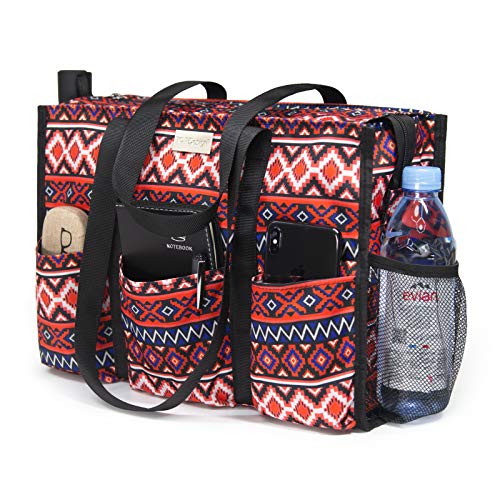 TOPDesign Utility Water Resistant Tote Bag with 13 Exterior & Interior Pockets, Top Zipper Closure & Thick Bottom Support, for Working Women, Teachers, Nurses, Accountants (Bohemia)