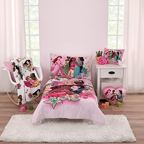 Disney Princesses Courage and Kindness, Rapunzel, Ariel, Tiana, Moana, Jasmine, Cinderella, Mulan, Belle, and Snow White 4 Piece Toddler Bed Set