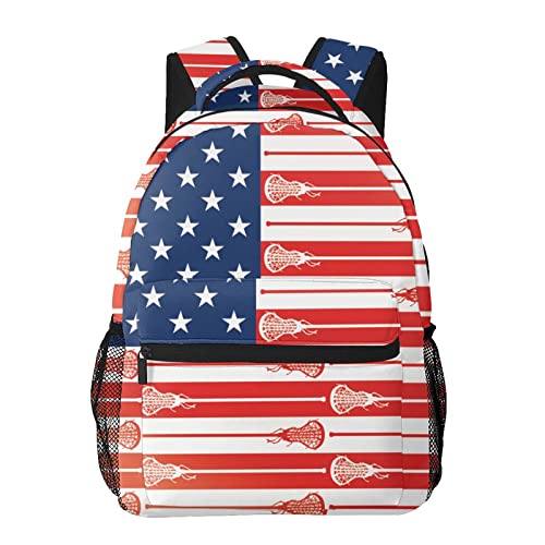 Wiqodme American USA Lacrosse Sticks Flag Backpack Casual Laptop Daypack Computer Bag for Men Women Travel