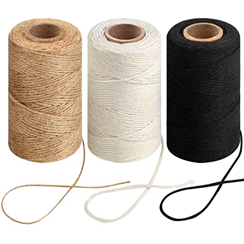 984 Ft Natural Jute Twine, 2mm Thin White Cotton Rope for Crafts, Art, Gardening, Gift Wrapping, Decoration, Packing - 3 Rolls