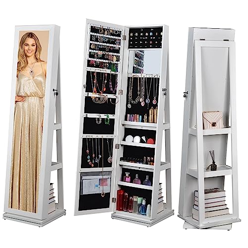 BOSTANA Jewelry Armoire 65' H,Full Length Mirror 360° Swivel, Storage Shelves, Lockable Standing Jewelry Cabinet Organizer with Large Storage Capacity,living room,bedroom (white)