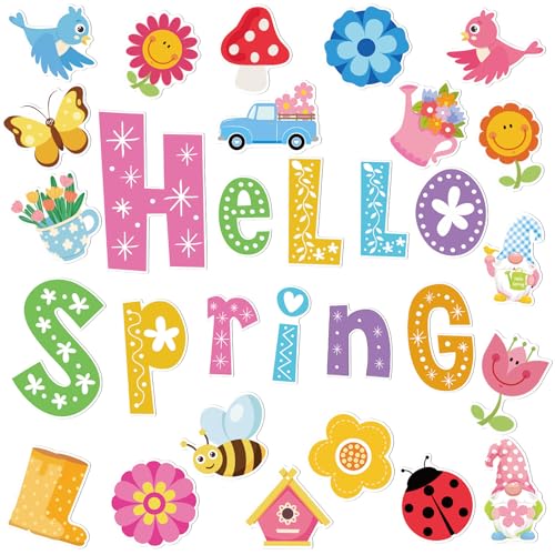 Hoteam 30pcs Hello Spring Garage Door Magnets Stickers Spring Flower Blossoms Umbrella Pattern Fridge Magnets Colorful Floral Metal Magnetic Stickers for Spring Car Metal Door Garage Cabinet Mail Box