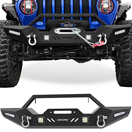 OEDRO Front Bumper Compatible with 2018-2024 Jeep Wrangler JL & Unlimited, 20-24 Gladiator, Rock Crawler Bumper with Winch Plate Mounting & 4 x LED Lights & 2 x D-Rings