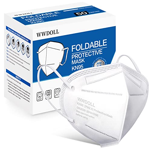 KN95 Face Mask 50 Pack, WWDOLL KN95 Masks 5-Layer Breathable Mask with Elastic Earloop and Nose Bridge Clip, Disposable Respirator Protection Against PM2.5 White