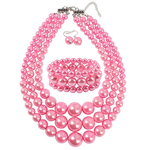 KOSMOS-LI Large Pearl Jewelry Set 3 Layer Simulated Pink Pearl Women's Statement 18' Necklace Bracelet and Earrings