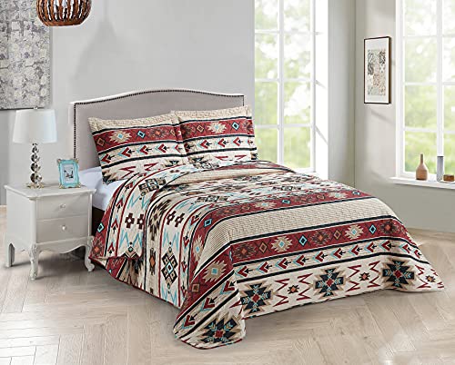Rustic Striped Southwestern Quilt Stitched Western Bedspread Bedding Set with Beige Brown Burgundy Turquoise Tribal Native American Patterns - Colorado (Full / Queen)