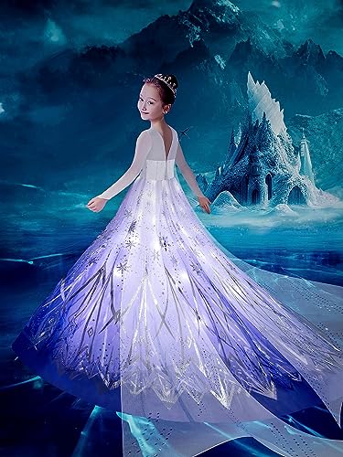 UPORPOR Light Up Princess Costume for GirlsDress Up Clothes Halloween Christmas Dress for Kids Party Costume, White Purple, 120