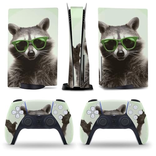 AoHanan Funny Raccoon Green Sunglasses PS5 Skin Console and Controller Accessories Cover Skins Anime Vinyl Cover Sticker Full Set for Playstation 5 Disc Edition