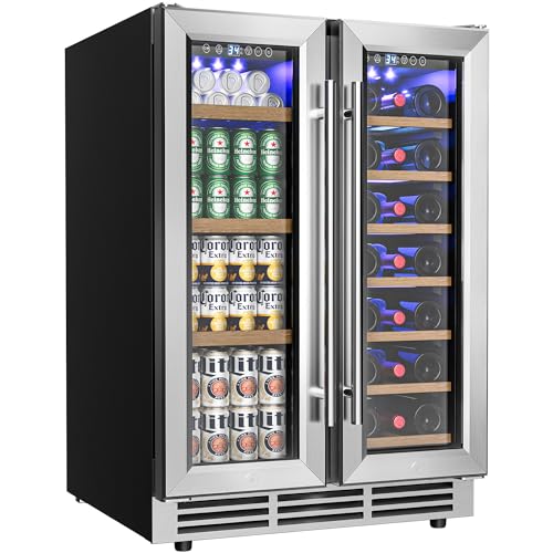 EUHOMY Wine and Beverage Refrigerator, 24 Inch Dual Zone Wine Cooler with Glass Door Hold 21 Bottles and 88 Cans, Built in or Freestanding Under Counter Wine Fridge with Blue LED Light.