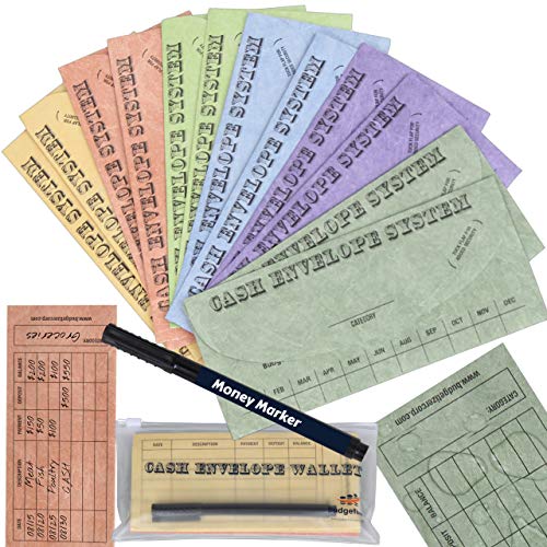 Budgetizer Cash Envelopes System: 12-Pack, Tear & Water Resistant Budget Envelopes for Cash System in Assorted Colors. Bundle Includes Cash Organizer Wallet & Counterfeit Bill Marker Detector