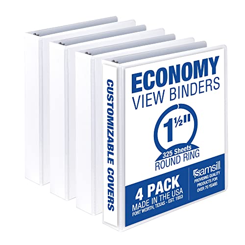 Samsill Economy 1.5 Inch 3 Ring Binder, Made in The USA, Round Ring Binder, Customizable Clear View Cover, White, 4 Pack (MP48557)