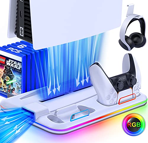 RGB Cooling Stand with Cooling Fan and Dual Controller Charger Station for Playstation 5, Upgraded Accessories Cooling Station for PS5 Console Disc&Digital Edition, Headset Holder/6 Game Slots, White