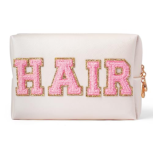 Y1tvei Preppy Patch HAIR Letter Cosmetic Toiletry Bag PU Leather Portable Makeup Bag Sewn with Felt Varsity Letter Patches Waterproof Zipper Pouch Travel Organizer for Women Girls Teen(Shell Gold)