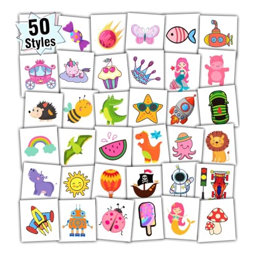 Partywind Individually Wrapped Sheets Kids Temporary Tattoos, Birthday Party Favors Supplies for Boys and Girls, Dinosaur/Mermaid/Pirate Tattoo Stickers for Goodie Bags Stuffers (50 Styles)