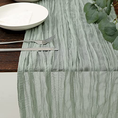 DOLOPL Sage Green Cheesecloth Table Runner 13.3ft Boho Gauze Cheese Cloth Table Runner Rustic Sheer Runner 160inch Long for Christmas Wedding Bridal Baby Shower Birthday Table Decorations