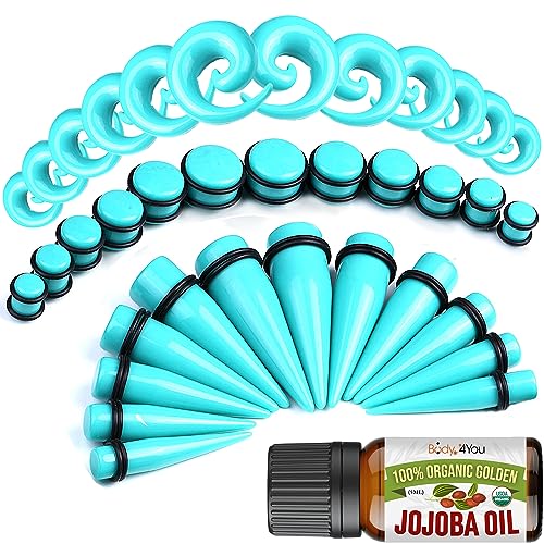 BodyJ4You 36PC Ear Stretching Kit - 00G-20mm Big Gauges - Aftercare Jojoba Oil - Turquoise Acrylic No Flare Plugs Tapers Heavy Weights Spirals - Stretchers Expanders Eyelets