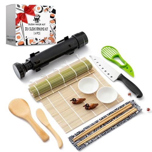 Sushi Making Kit for Beginners - Sushi Bazooka Sushi Maker Kit with Bamboo Sushi Rolling Mat, Sushi Knife, Avocado Slicer, Chopsticks, Rice Paddle, Rice Spreader, Sauce Dish & DIY Sushi Roller Guide
