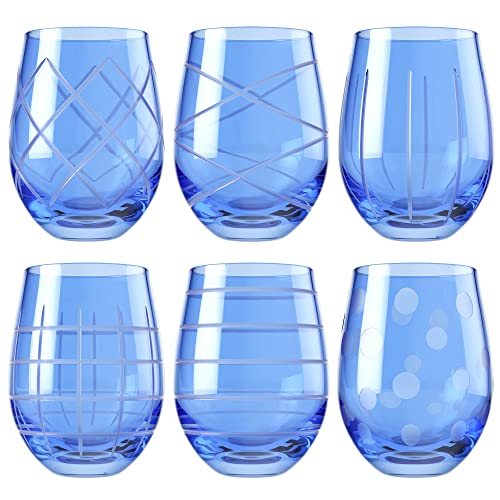 American Atelier Medallion Stemless Wine Glass Set of 6, 17 oz, Etched Patterns, Textured Glass Cups, Glasses for Red or White Wine, Stemless Goblets, Fifth Avenue Crystal, Blue