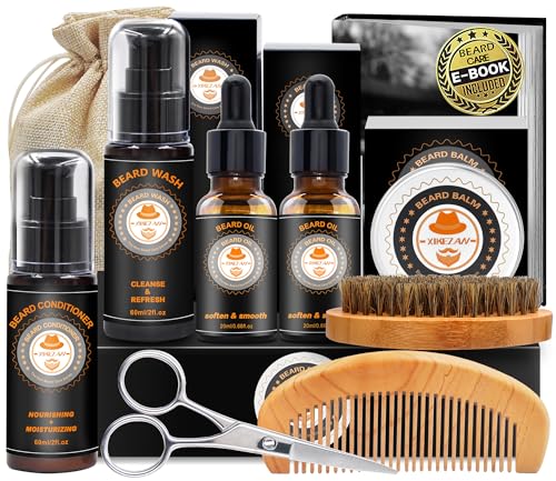 XIKEZAN Upgraded Beard Grooming Kit w/Beard Conditioner,Beard Oil,Beard Balm,Beard Brush,Beard Shampoo/Wash,Beard Comb,Beard Scissors,Storage Bag,Beard E-Book,Beard Care Gifts for Men Him
