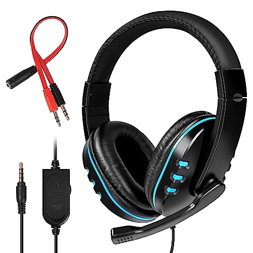 FNSHIP 3.5mm Wired Over-Head Stereo Headband Gaming Headset Headphone with Mic Microphone Volume Control Compatible for PS4 PS5 New Xbox PSP PC Laptop Phone（Black&Blue）